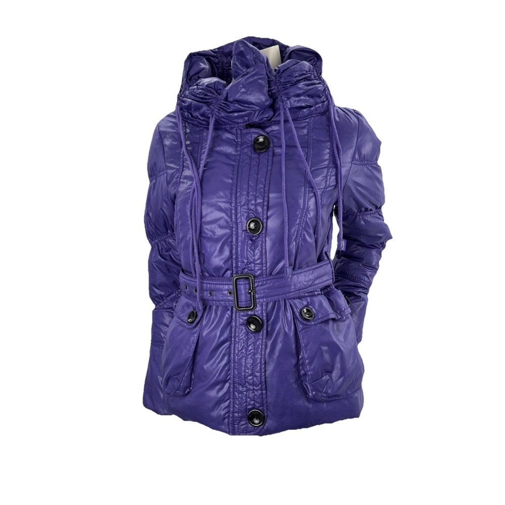 Purple Puffer Jacket Belted Waist High Neck Statement Winter Coat Sz‎ S/M Y2K